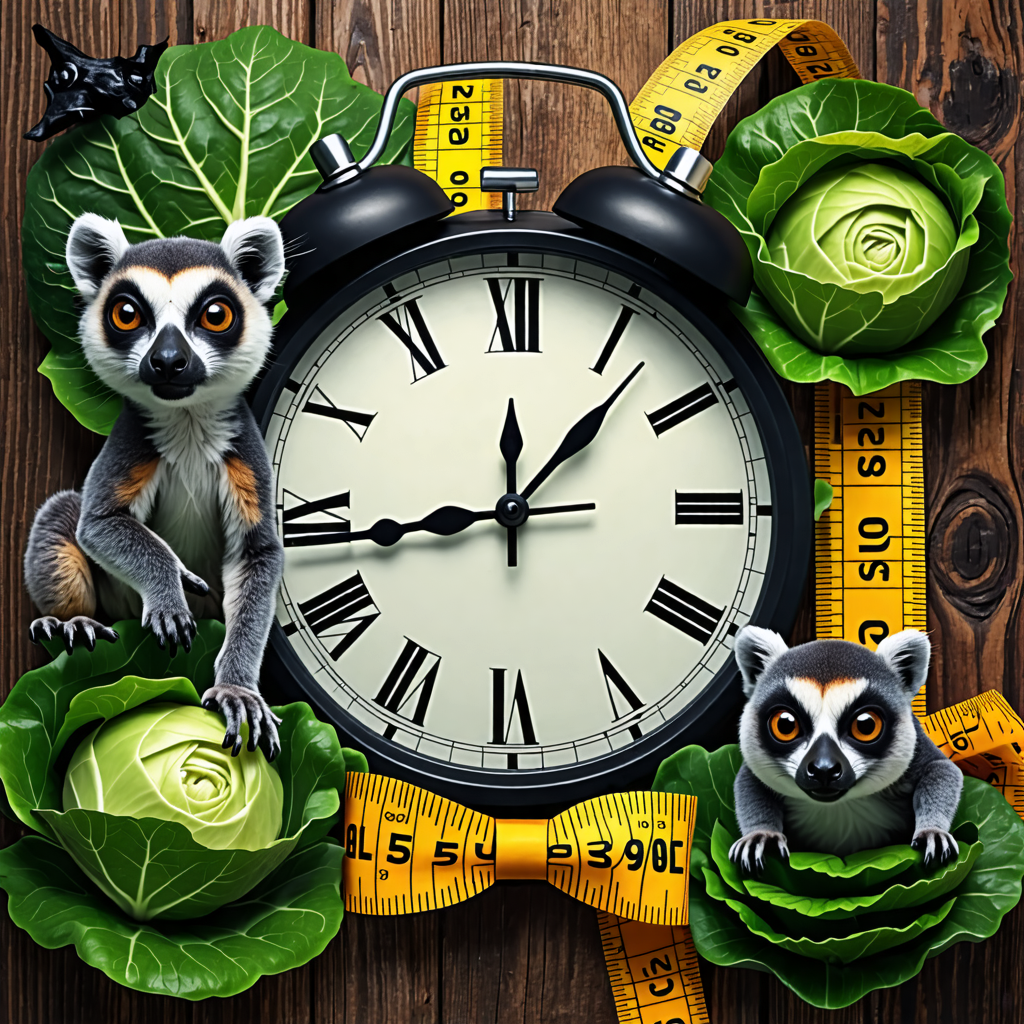 clock, tape measure, lemur, cabbage, green, log, halloween, bowtie, tree